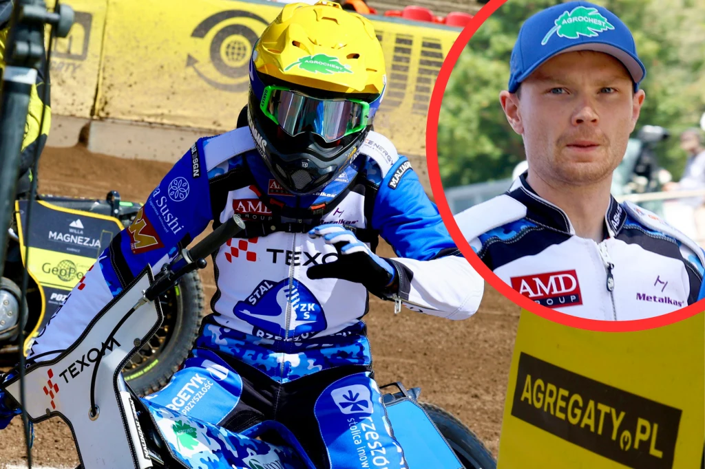 Zawodnik żużlowy w pełnym stroju ochronnym, kasku i okularach podczas jazdy na motocyklu po torze, w tle barwy klubowe i reklamy, w prawym górnym rogu portret zawodnika w stroju drużynowym.