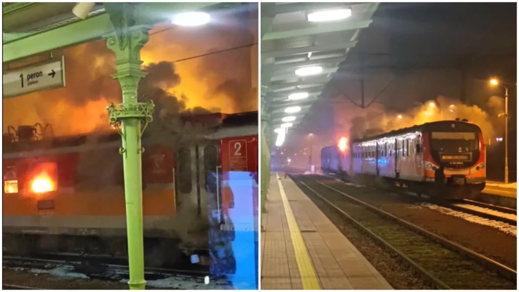 Dwuczłonowy pociąg stoi na peronie stacji kolejowej, z jednego z wagonów wydobywają się wysokie płomienie i gęsty dym, scena rozgrywa się nocą przy pustym peronie oświetlonym sztucznym światłem.