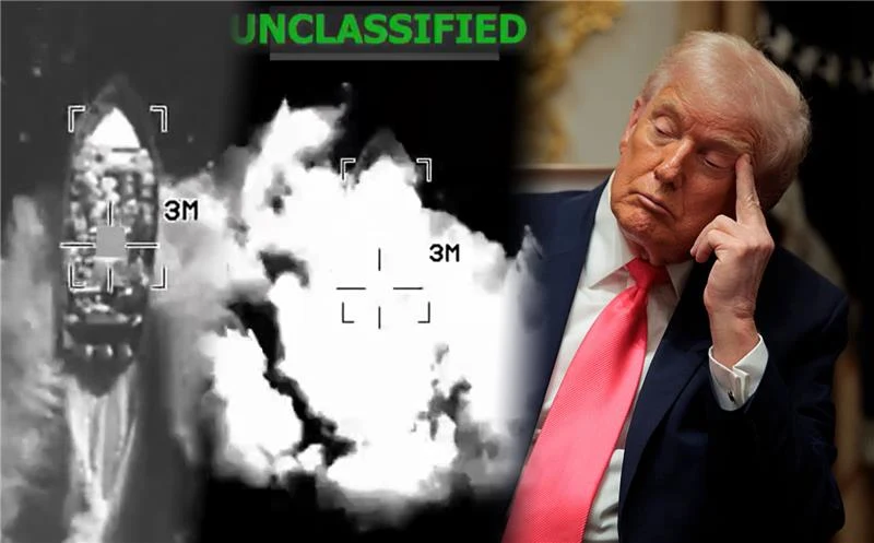 USA przeprowadziły w czwartek kolejny atak na łódź podejrzaną o przemyt narkotyków Podzielony kadr przedstawiający z lewej strony obraz z celownika wojskowego w podczerwieni z oznaczeniem 'UNCLASSIFIED', pośrodku eksplozję w postaci kłębów dymu, a po prawej stronie mężczyznę w garniturze i czerwonym krawacie opierającego głowę na dło...