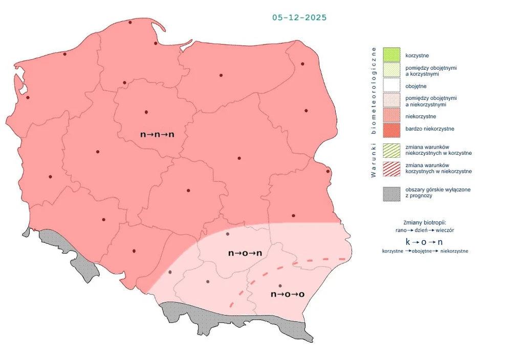 Mapa Polski z datą 05-12-2025, przedstawiająca prognozę warunków biometeorologicznych. Większa część kraju oznaczona na czerwono jako niekorzystna, południowo-wschodnia część Polski zaznaczona innym kolorem jako szczególnie niekorzystna. Zaznaczone są ...