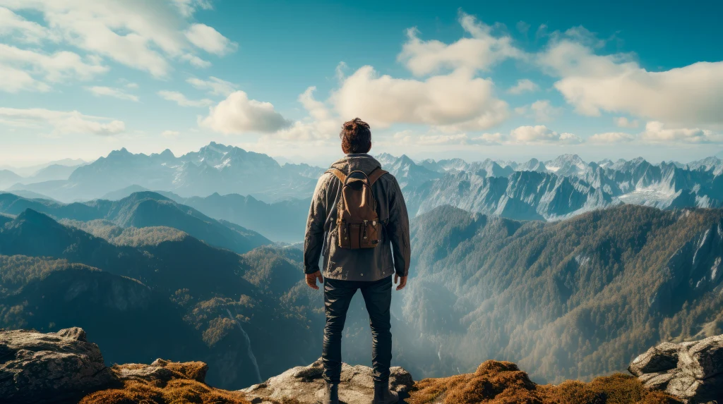 Imię, które oznacza: zwycięzca. Noszą je mężczyźni o silnych cechach przywódczych Mężczyzna z plecakiem stoi na górskim szczycie i spogląda na rozciągający się przed nim malowniczy łańcuch górski oraz słoneczne, częściowo zachmurzone niebo.