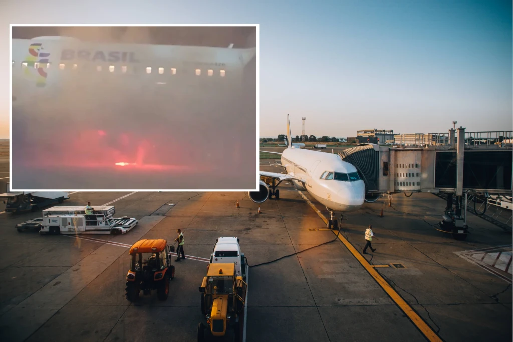 Samolot pasażerski przygotowujący się do odlotu przy bramce na lotnisku, pracownicy obsługi naziemnej oraz pojazdy serwisowe na płycie. Wstawka w lewym górnym rogu ukazuje zamglone wnętrze samolotu z widocznym czerwonym światłem, które może sugerować o...