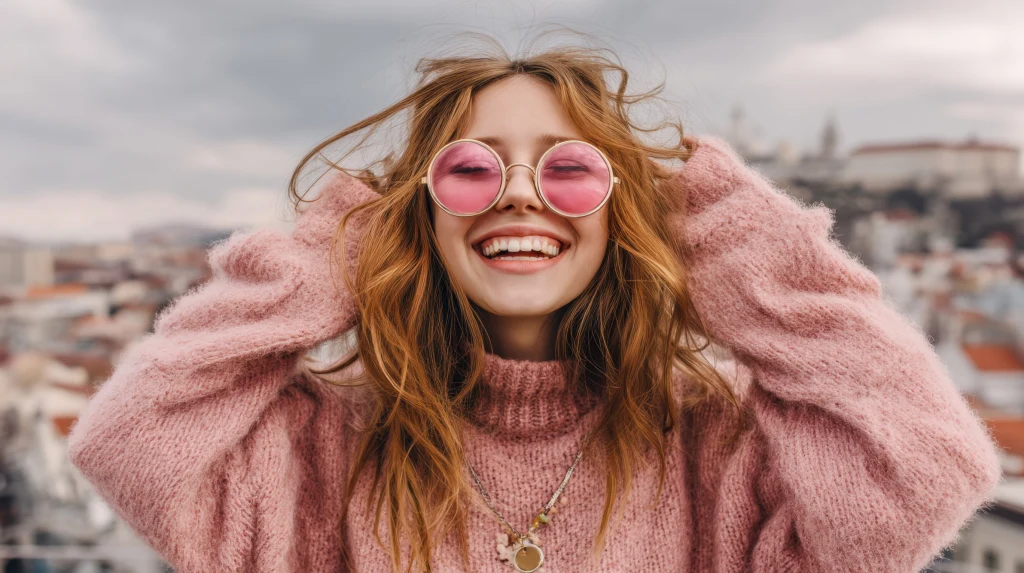 Młoda kobieta z szerokim uśmiechem, ubrana w różowy sweter i okrągłe różowe okulary przeciwsłoneczne na tle rozmytego miasta, unosząca ręce we włosach.