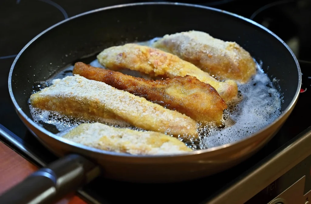 W jakim tłuszczu najlepiej smażyć rybę? Kawałki panierowanej ryby smażone na patelni z olejem.