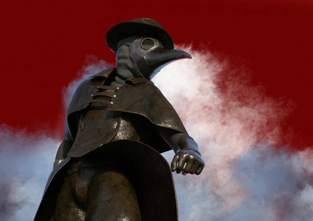 Postać w charakterystycznym stroju doktora plagi, z maską przypominającą ptasi dziób, ubrana w czarny płaszcz skórzany i kapelusz, na tle czerwonego nieba z obłokami dymu.