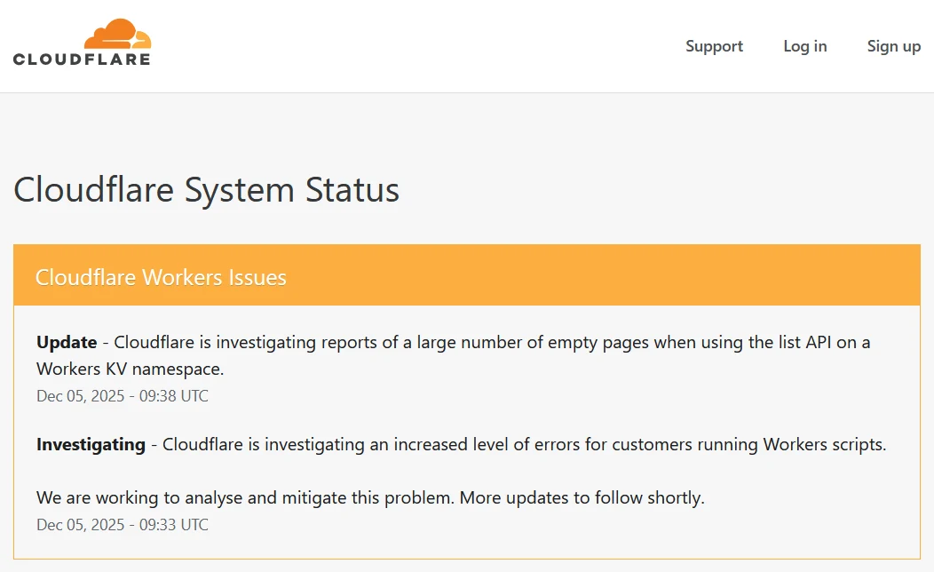 Jeden z komunikatów podanych na stronie Cloudflare System Status. Trwają prace nad znalezieniem przyczyny i naprawą usterki Komunikat statusowy systemu Cloudflare informujący o bieżących problemach z usługą Cloudflare Workers, podkreślający prowadzone śledztwo dotyczące błędów oraz aktualizacje na temat postępu prac nad rozwiązaniem sytuacji.