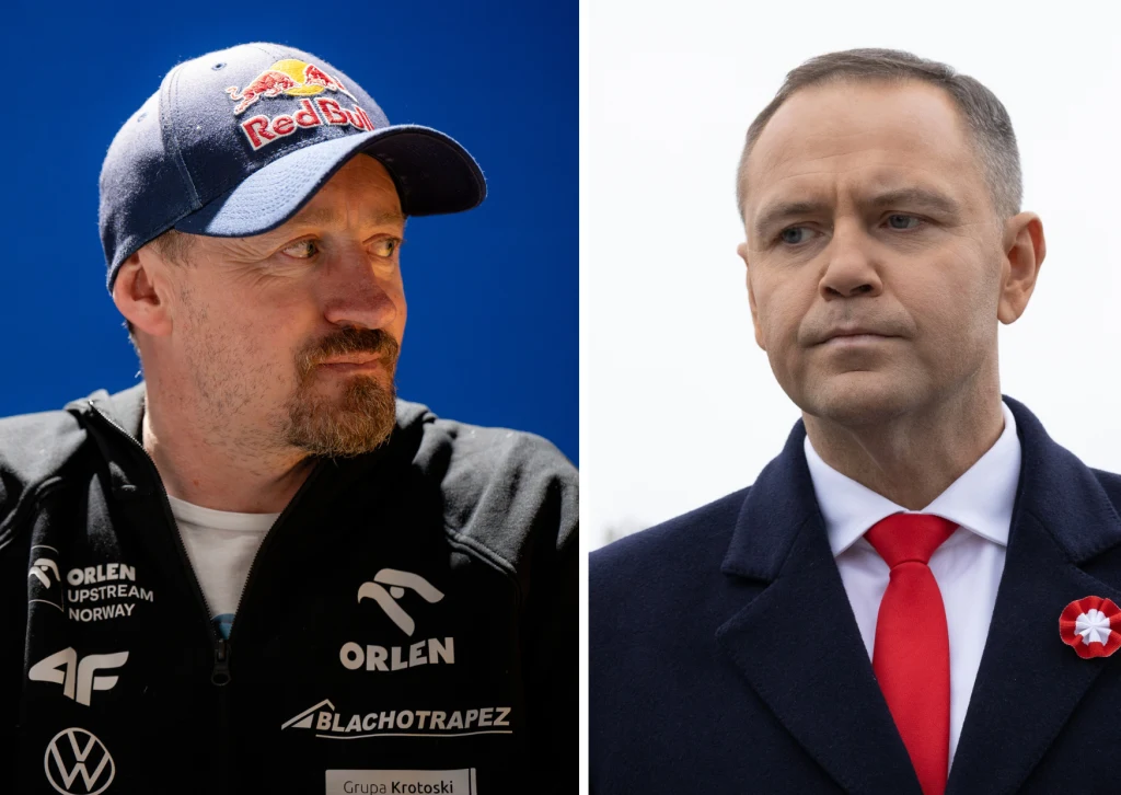 Dwóch mężczyzn zestawionych obok siebie na podzielonym pionowo zdjęciu. Po lewej stronie mężczyzna w sportowej czapce z daszkiem, ubrany w kurtkę z logotypami sponsorów sportowych. Po prawej stronie mężczyzna w garniturze, białej koszuli i czerwonym kr...