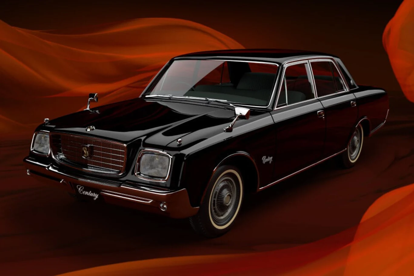 Czarny klasyczny sedan z chromowanymi detalami i elegancką linią nadwozia, stojący na tle ciemnych, ciepłych odcieni czerwieni.