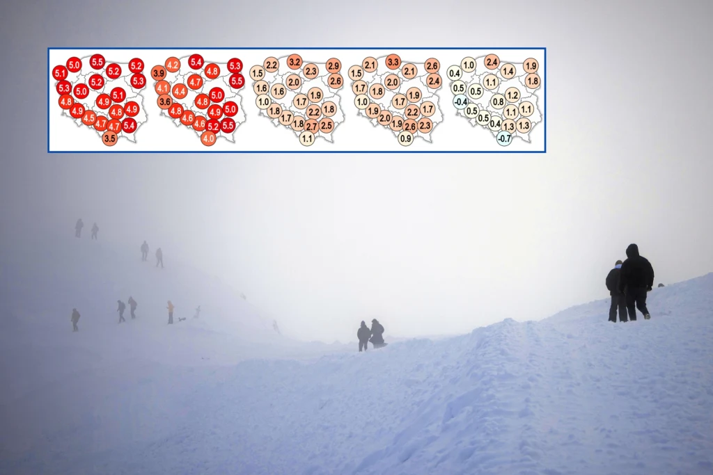 Sylwetki ludzi idących zimową, zaśnieżoną ścieżką w gęstej mgle. W górnej części obrazu widoczny jest schemat mapy Polski z liczbami i kolorowymi strefami, przypominający rozkład temperatur bądź zanieczyszczenia powietrza.