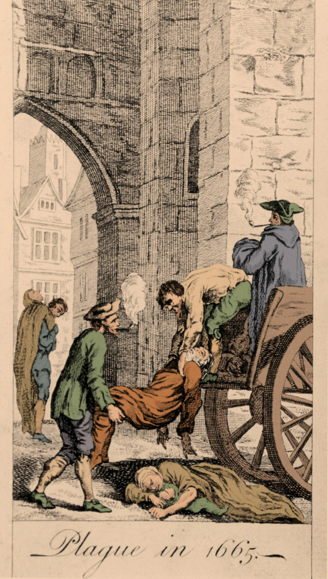 Mężczyźni podnoszą ciało z ziemi i umieszczają je na wozie, obok leży kolejna nieruchoma postać, zaś w tle wśród budynków i murów znajduje się osoba w masce lekarza zarazy.