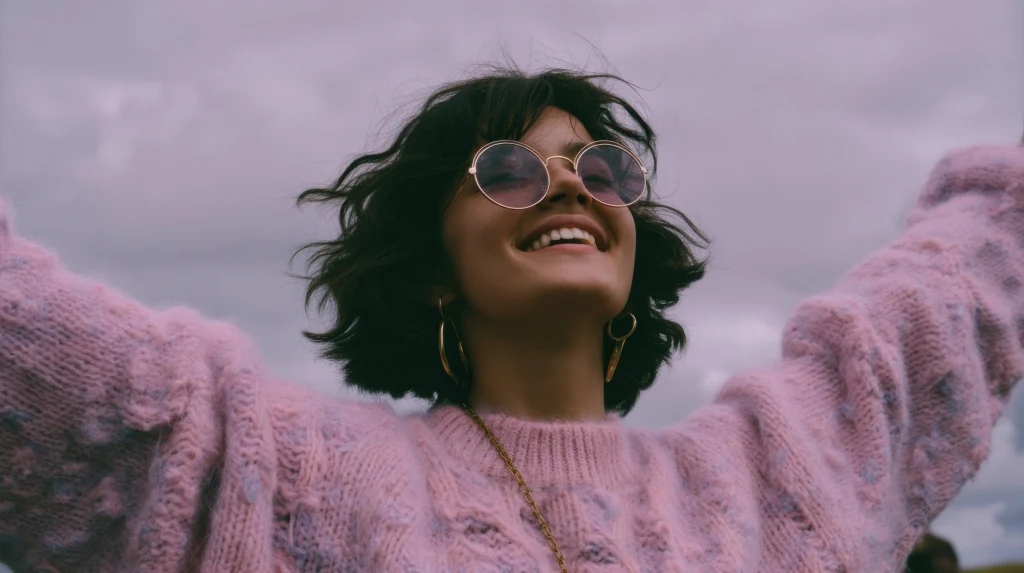 Świetna matka i przyjaciółka, choć pozbawiona wiary w siebie kobieta Młoda kobieta w okularach przeciwsłonecznych i różowym swetrze z szerokim uśmiechem, stojąca z rozłożonymi ramionami na tle pochmurnego nieba.