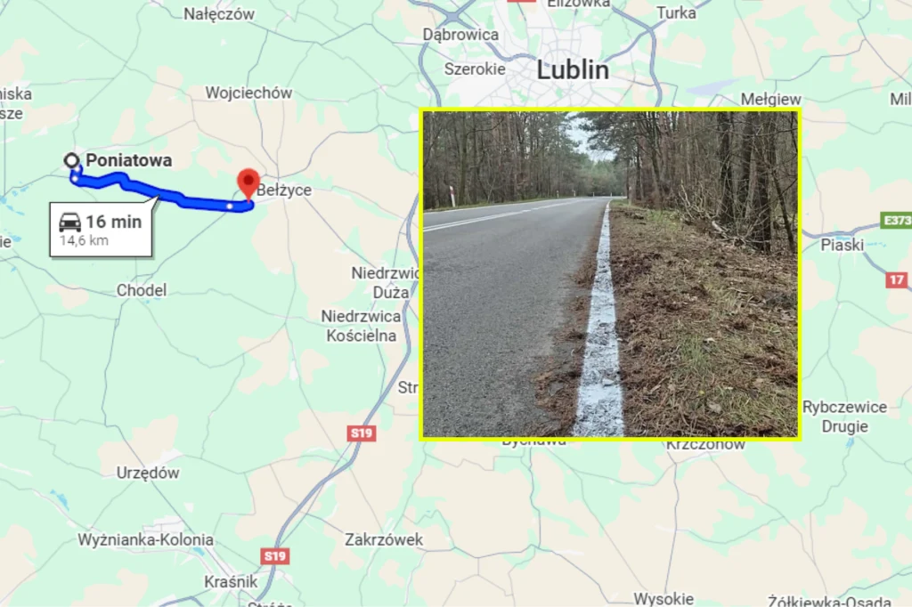 Mapa z trasą prowadzącą z Poniatowej do Bełżyc oraz zdjęcie fragmentu asfaltowej drogi przez las, z wyraźnie namalowaną białą linią boczną.