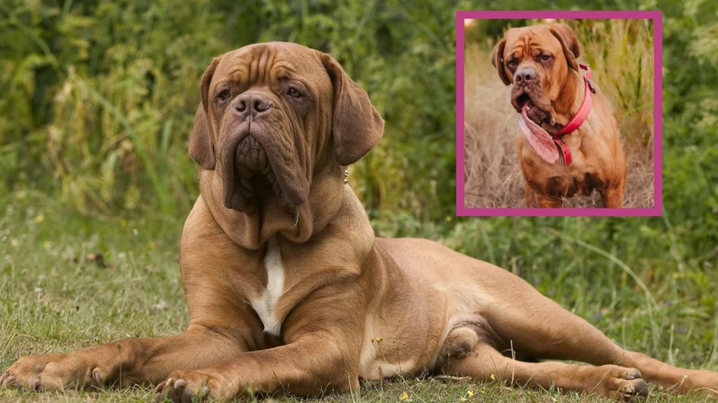 Duży pies rasy dog de Bordeaux leżący na trawie, w tle zielone rośliny. W prawym górnym rogu umieszczone jest mniejsze zdjęcie tego samego psa w czerwonej obroży, stojącego na tle trawy.