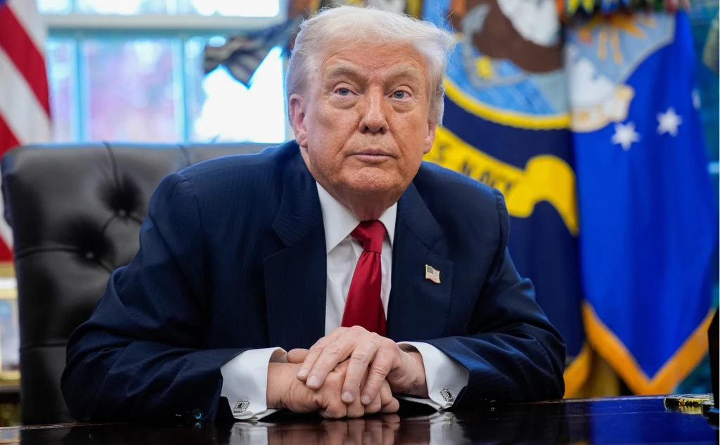 USA. Biały Dom przedstawił zaktualizowaną wersję Strategii Bezpieczeństwa Narodowego. Mowa w niej m.in. o Europie Mężczyzna w garniturze z czerwonym krawatem siedzi przy biurku w gabinecie urzędowym. W tle widoczne są flagi i insygnia rządowe, a także okno zapewniające naturalne oświetlenie.