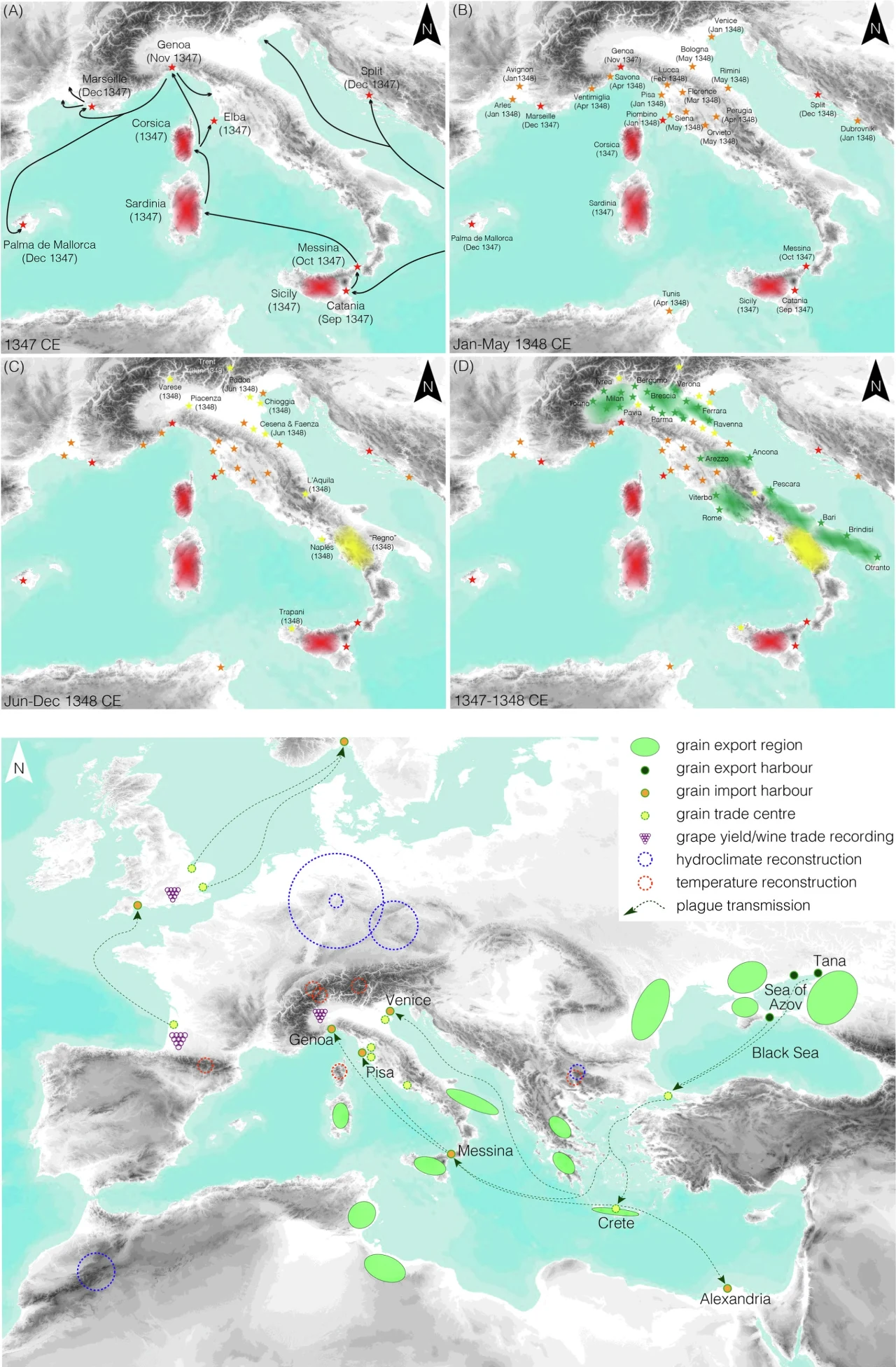 Seria map Morza Śródziemnego i przyległych regionów z oznaczeniami tras morskich, ważnych portów oraz regionów eksportu i importu zboża; legenda wskazuje różne strefy handlu oraz rekonstrukcje historyczne szlaków zbożowych.