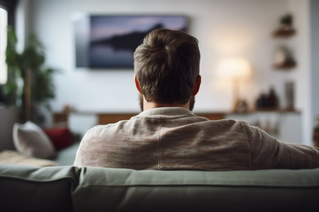 Mężczyzna siedzący tyłem na sofie w przytulnym salonie, skupiony na oglądaniu telewizora; w tle widoczne miękkie światło lampy i rozmyte rośliny.