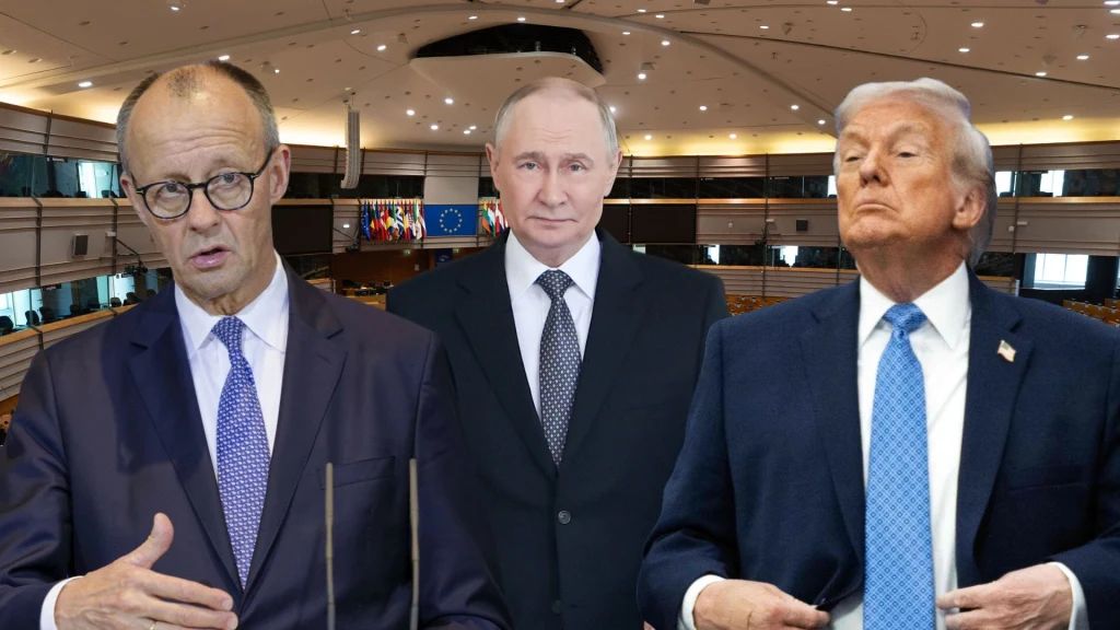 Trzech znanych polityków stoi na tle nowoczesnej sali konferencyjnej z flagą Unii Europejskiej widoczną w tle, każdy z nich prezentuje inny wyraz twarzy oraz postawę sugerującą powagę lub pewność siebie.