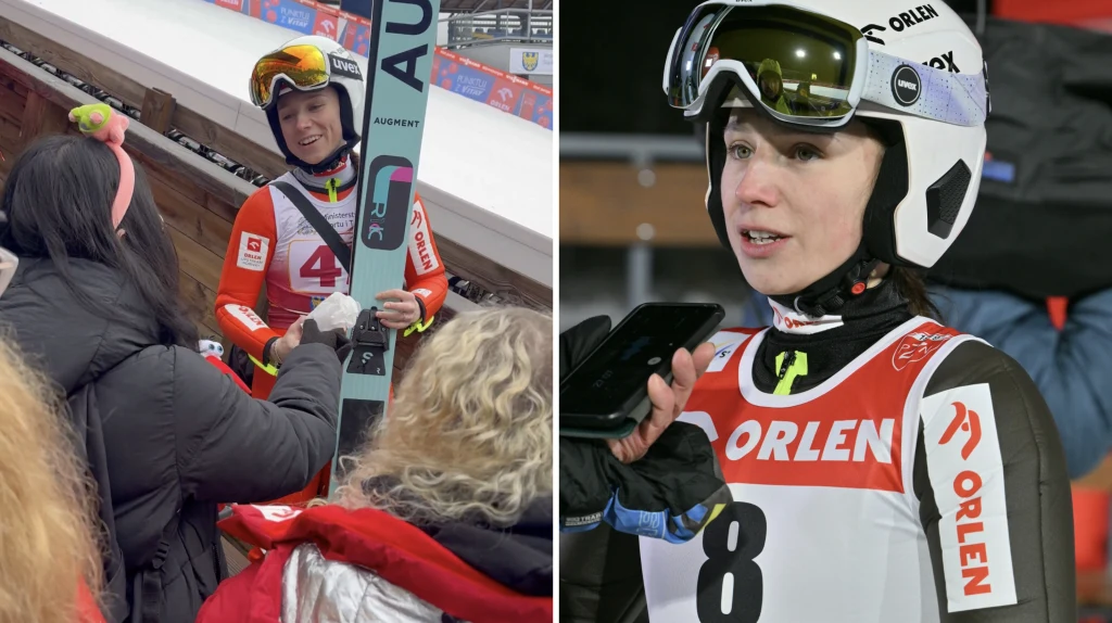 Zawodniczka narciarska w stroju startowym udziela wywiadu dziennikarzom, trzymając narty. Na obu zdjęciach widoczny jest numer startowy i logotyp sponsora, a także zimowe otoczenie skoczni narciarskiej.