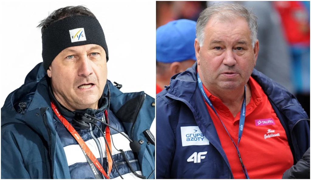 Dwóch mężczyzn w sportowych kurtkach, stojących oddzielnie, każdy patrzy przed siebie w obiektyw. Jeden w czapce i kurtce zimowej, drugi w kurtce z logotypami sponsorów, na tle rozmytego tłumu.