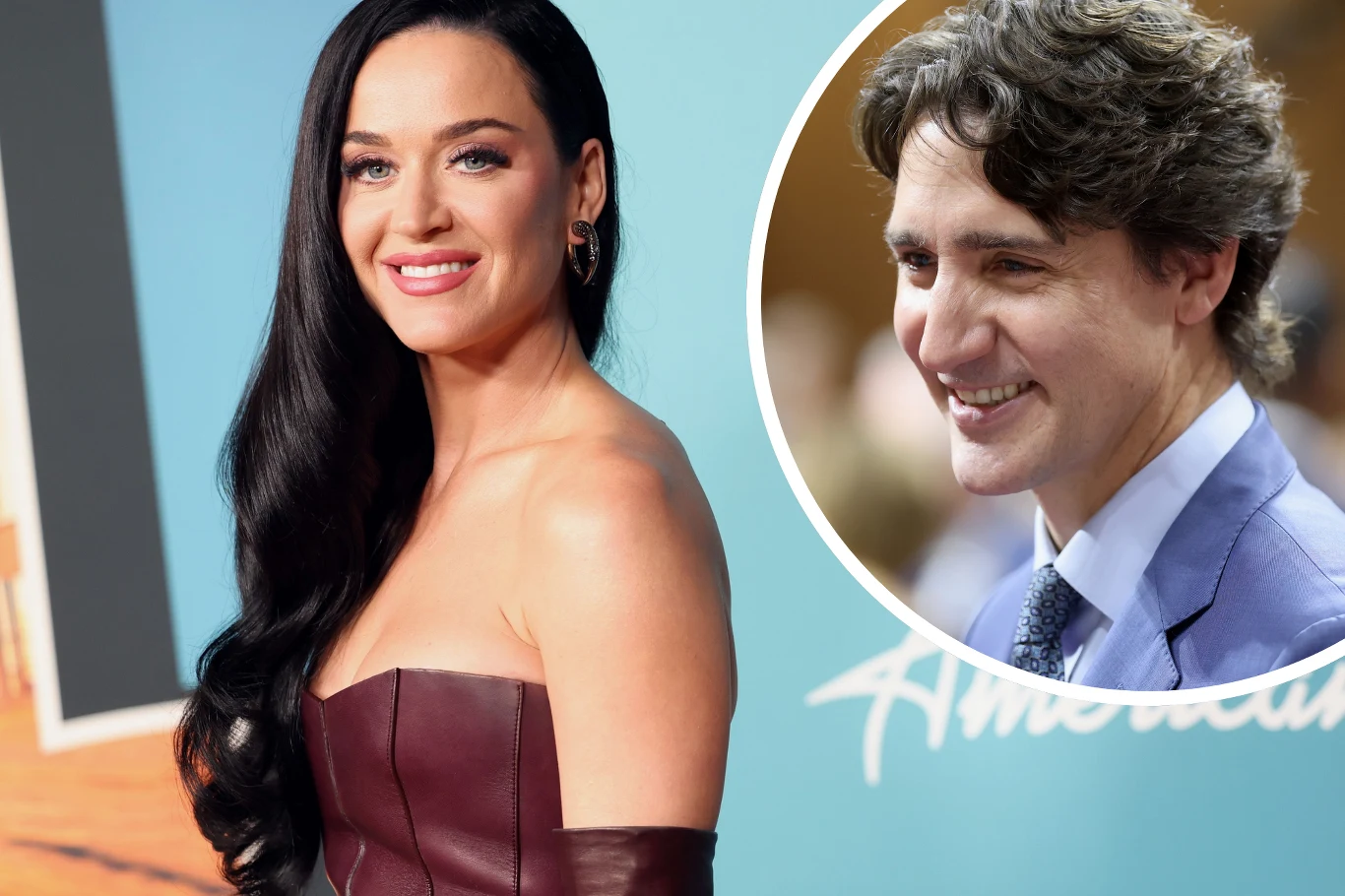 Katy Perry spotyka się z byłym premierem Kanady, Justinem Trudeau Młoda kobieta o długich, ciemnych włosach pozuje w bordowej sukience na tle jasno-niebieskiej ściany, w prawym górnym rogu znajduje się okrągłe wstawienie z uśmiechniętym mężczyzną w garniturze.
