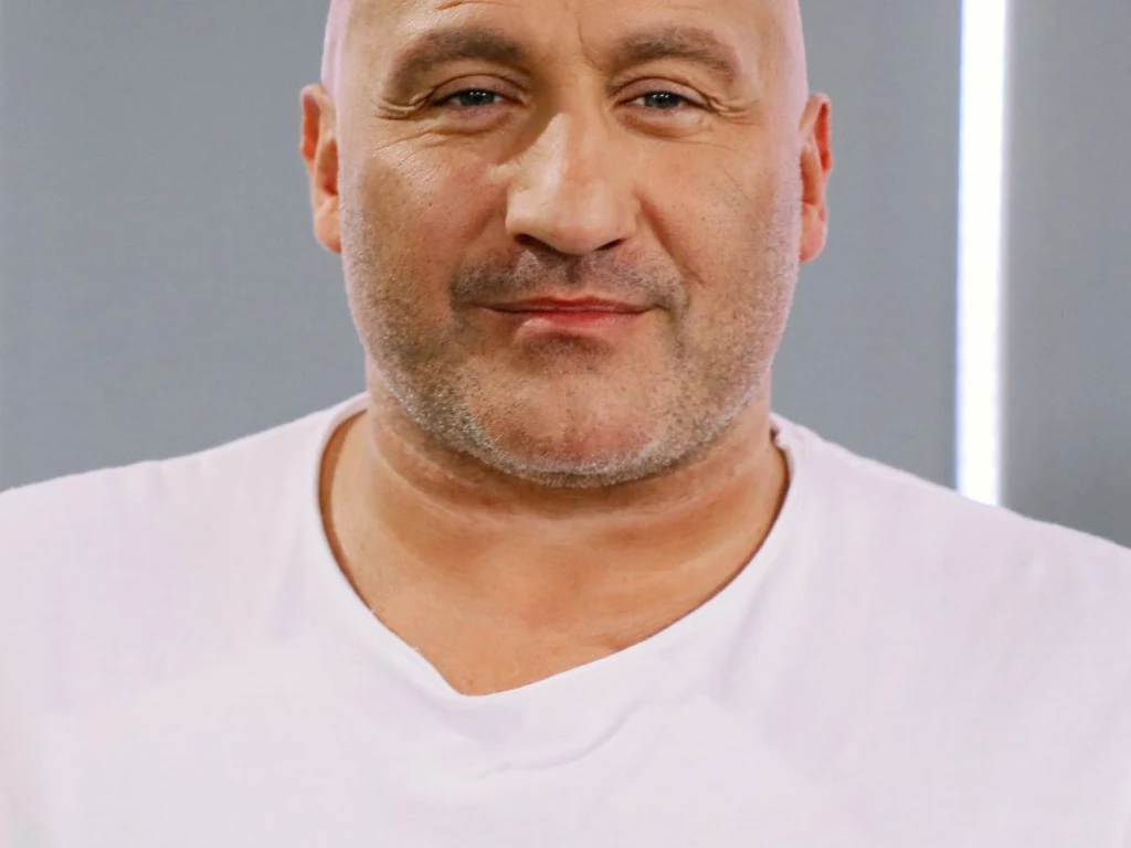 Łysy mężczyzna o lekkim zaroście, ubrany w białą koszulkę na tle szarej ściany z pionowym jasnym paskiem światła.