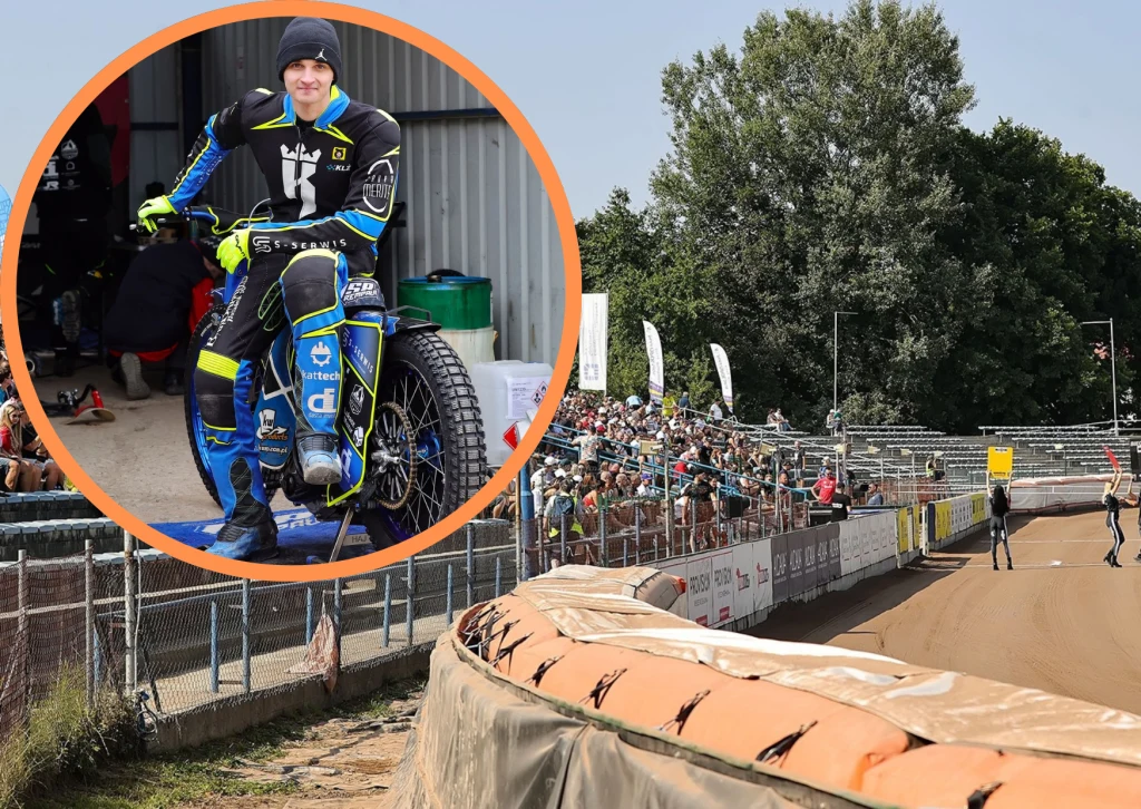 Speedway Kraków zbuduje na przyszłoroczny sezon rekordowy budżet Tor żużlowy z widownią obserwującą zawody oraz zawodnik ubrany w strój sportowy z motocyklem żużlowym, przedstawiony w powiększonym okręgu.