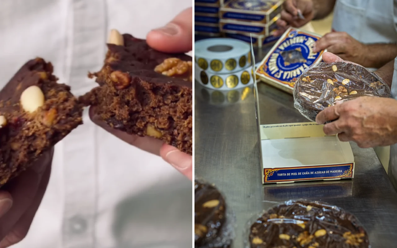 Bolo de mel to ulubione ciasto Maderczyków i turystów odwiedzających wyspę/ Instagram fabrica.sto.antonio Ręce osób trzymających i łamiących czekoladowe ciastka z orzechami po lewej stronie kadru, po prawej osoby pakujące krążek ciasta z orzechami do pudełka, na stole widoczne inne gotowe wyroby.