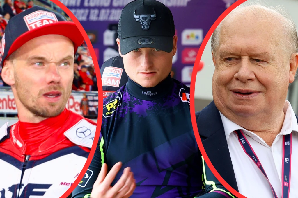 Trzy osoby ujęte w osobnych kadrach nałożonych na wspólne tło, sportowiec w stroju żużlowym, młody mężczyzna w czarnej czapce z daszkiem oraz starszy mężczyzna w oficjalnym stroju, wszyscy na tle wydarzenia sportowego.