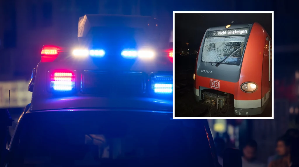 Niemiecka policja prosi o pomoc Światła policyjne błyskające w nocy na tle ciemnego miasta oraz zbliżenie na czoło pociągu z pękniętą szybą i napisem 'Nicht einsteigen', sugerujące awarię lub incydent na kolei.