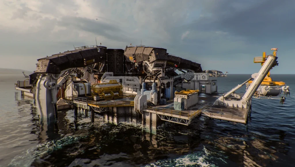 Duża, przemysłowa platforma na wodzie z elementami nowoczesnych konstrukcji, wyraźnie widoczne metalowe struktury, pomosty oraz sprzęt techniczny. Na pierwszym planie rozbudowana infrastruktura, otoczenie wodne, ciemne chmury na niebie.