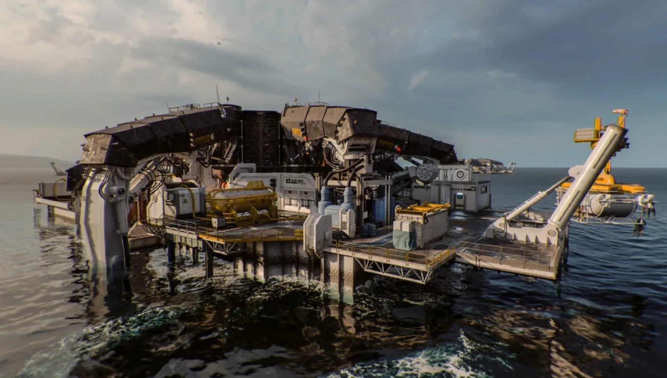 Duża, przemysłowa platforma na wodzie z elementami nowoczesnych konstrukcji, wyraźnie widoczne metalowe struktury, pomosty oraz sprzęt techniczny. Na pierwszym planie rozbudowana infrastruktura, otoczenie wodne, ciemne chmury na niebie.