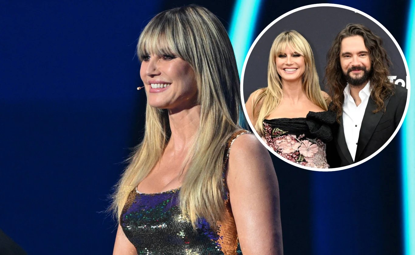 Heidi Klum i Tom Kaulitz Uśmiechnięta kobieta z długimi blond włosami w błyszczącej sukni, na tle niebieskiego światła, z mikrofonem przy twarzy. W prawym górnym rogu znajduje się okrągłe wstawienie ze zdjęciem tej samej kobiety wraz z mężczyzną o długich ciemnych włosach, obo...