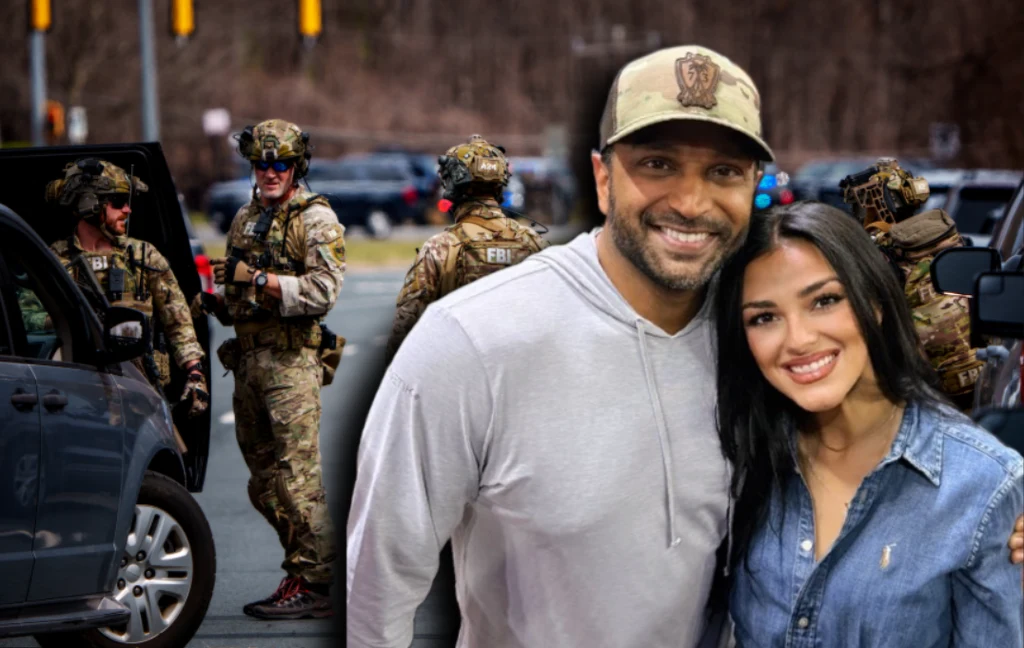 Media o skandalu w cieniu FBI. Partnerka dyrektora ze specjalnym traktowaniem Uśmiechnięta para obejmująca się na pierwszym planie, w tle kilku umundurowanych funkcjonariuszy FBI w pełnym wyposażeniu przy radiowozach, z elementami miejskiej infrastruktury i drzewami.