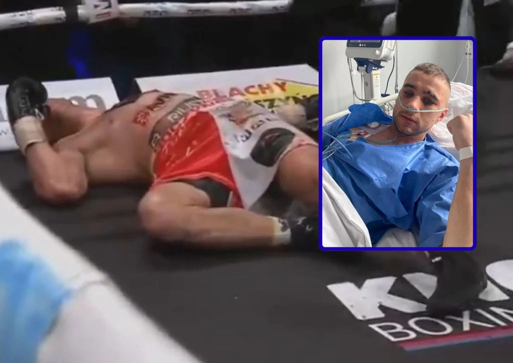 Michał Soczyński w rozmowie z Interią wyjawia, że jego trener z Argentyny Gabriel Sarmiento znalazł się w położeniu bohatera tragicznego Bokser w czerwono-białych spodenkach leży bezwładnie na ringu po nokaucie, natomiast na wstawce widoczny ten sam zawodnik w szpitalnym łóżku, podłączony do kroplówki i z maską tlenową.