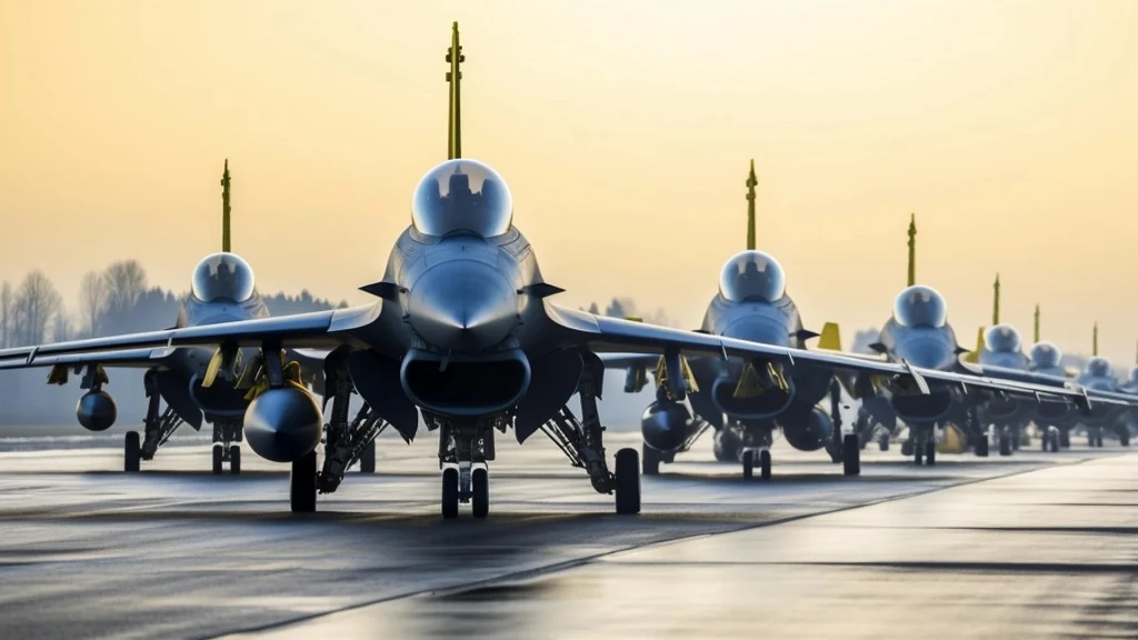 Szereg myśliwców wojskowych ustawionych na pasie startowym, w równym szyku, przy porannym świetle. W tle widoczne są drzewa i zamglone niebo, co podkreśla industrialny charakter scenerii.