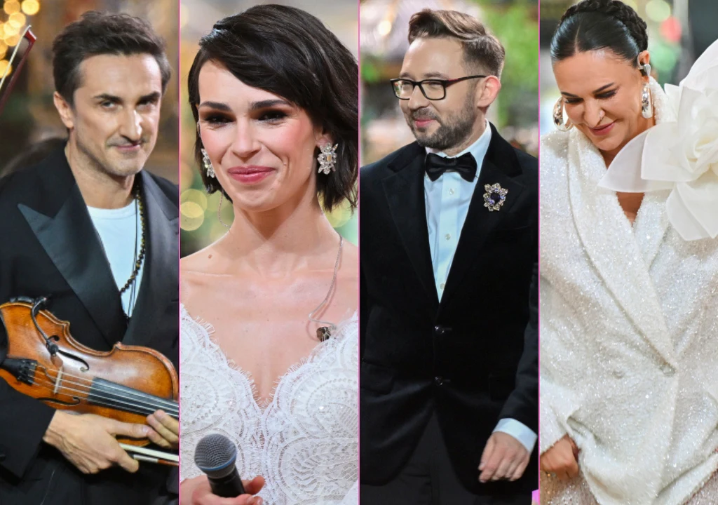 Cztery elegancko ubrane osoby, każda w innym stylu, pojawiają się w kolażu. Pierwsza osoba trzyma skrzypce, druga ma na sobie białą, koronkową suknię oraz trzyma mikrofon, trzecia jest ubrana w ciemny garnitur z muszką, a czwarta w białą, błyszczącą kr...