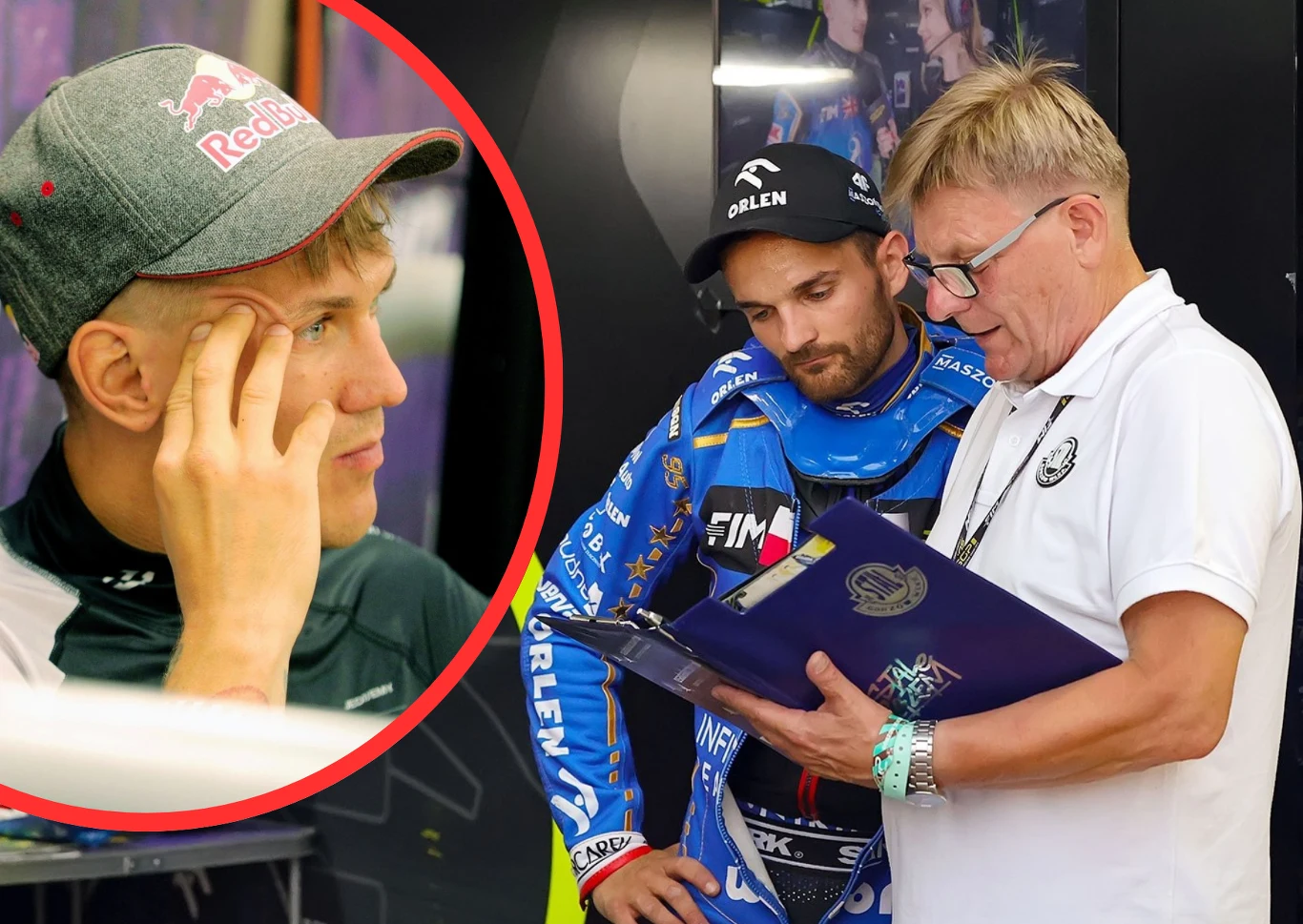 Wśród powołanych do żużlowej kadry nie ma Macieja Janowskiego Zbliżenie na zawodnika sportowego w czapce z logo Red Bull oraz dwóch mężczyzn omawiających dokumenty, jeden z nich ubrany w sportowy kombinezon i czapkę z logo Orlen.
