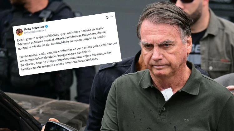 Mężczyzna o poważnym wyrazie twarzy stoi na zewnątrz w otoczeniu innych osób; w tle wkomponowany jest zrzut ekranu z wpisu w mediach społecznościowych napisany po portugalsku.