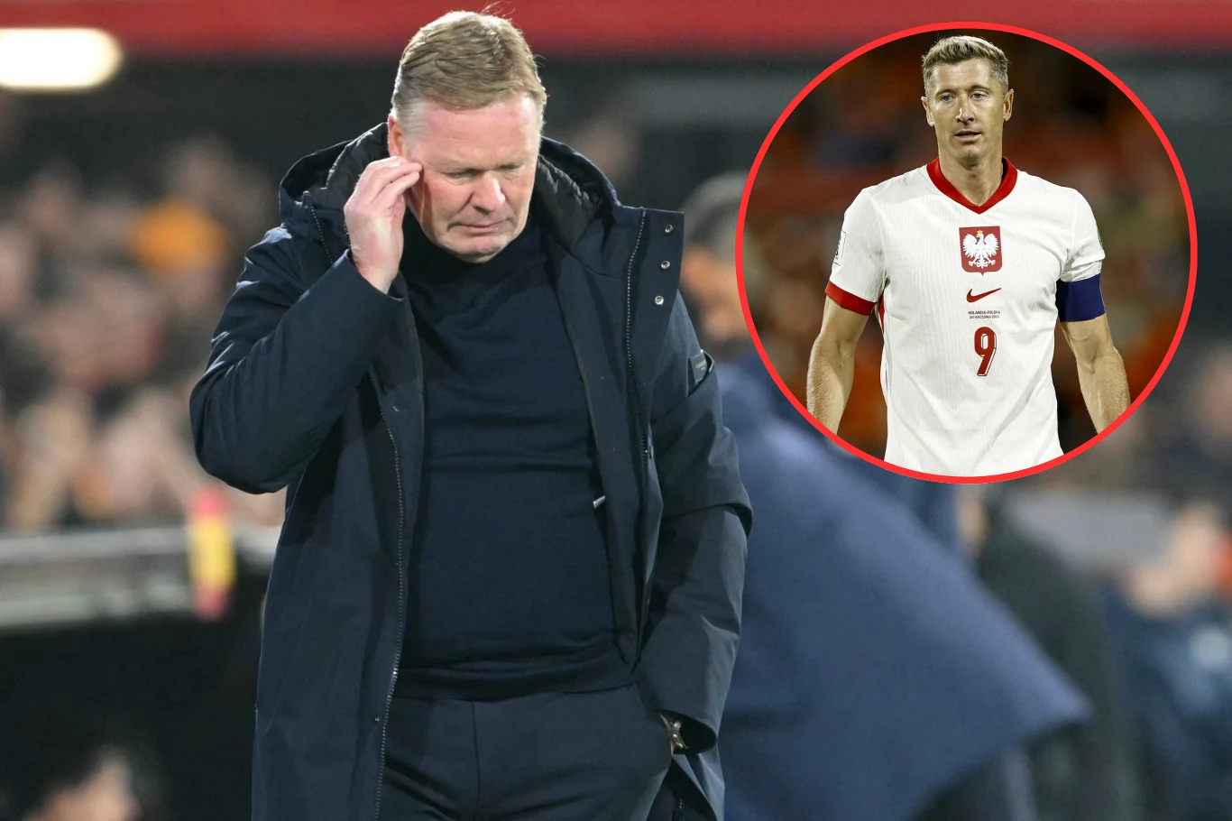 Ronal Koeman znów może zmierzyć się z Robertem Lewandowskim i spółką. Tym razem na mundialu Mężczyzna w ciemnym płaszczu stoi ze spuszczoną głową, trzymając rękę przy uchu, na tle rozmytego stadionu. W prawym górnym rogu widoczne jest okrągłe wstawienie z zawodnikiem piłkarskim w białej koszulce z orłem i numerem 9.