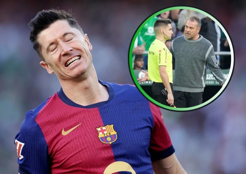 Piłkarz Barcelony w charakterystycznej bordowo-granatowej koszulce z wyrazem rozczarowania lub zmęczenia na twarzy, na drugim planie okrągłe wstawienie przedstawia rozmowę trenera z sędzią na tle zielonego boiska.