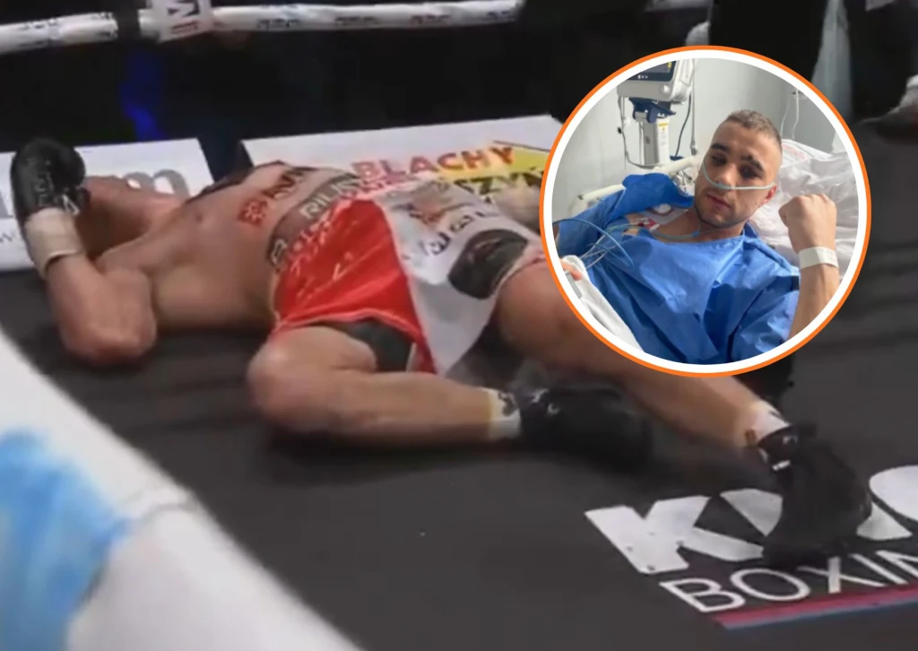 Michał Soczyński w rozmowie z Interią wyjawia, że jego trener z Argentyny Gabriel Sarmiento znalazł się w położeniu bohatera tragicznego fot. screen/@TVP Sport / Instagram/@sooczus Bokser leżący nieprzytomny na ringu bokserskim w sportowych spodenkach, wokół liny ringu. W prawym górnym rogu zdjęcia widoczny mężczyzna leżący w szpitalnym łóżku z maską tlenową na twarzy i podłączonymi kroplówkami.
