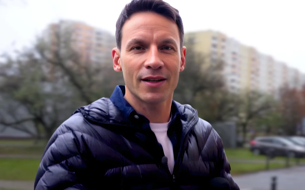 Młody mężczyzna w ciemnej kurtce, w tle osiedle bloków mieszkaniowych