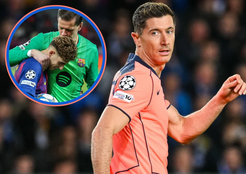 Robert Lewandowski w różowym stroju piłkarskim podczas meczu Ligi Mistrzów, w tle widoczni piłkarze Barcelony, zbliżenie na zawodnika z czułym gestem bramkarza wobec młodszego kolegi po drużynie.