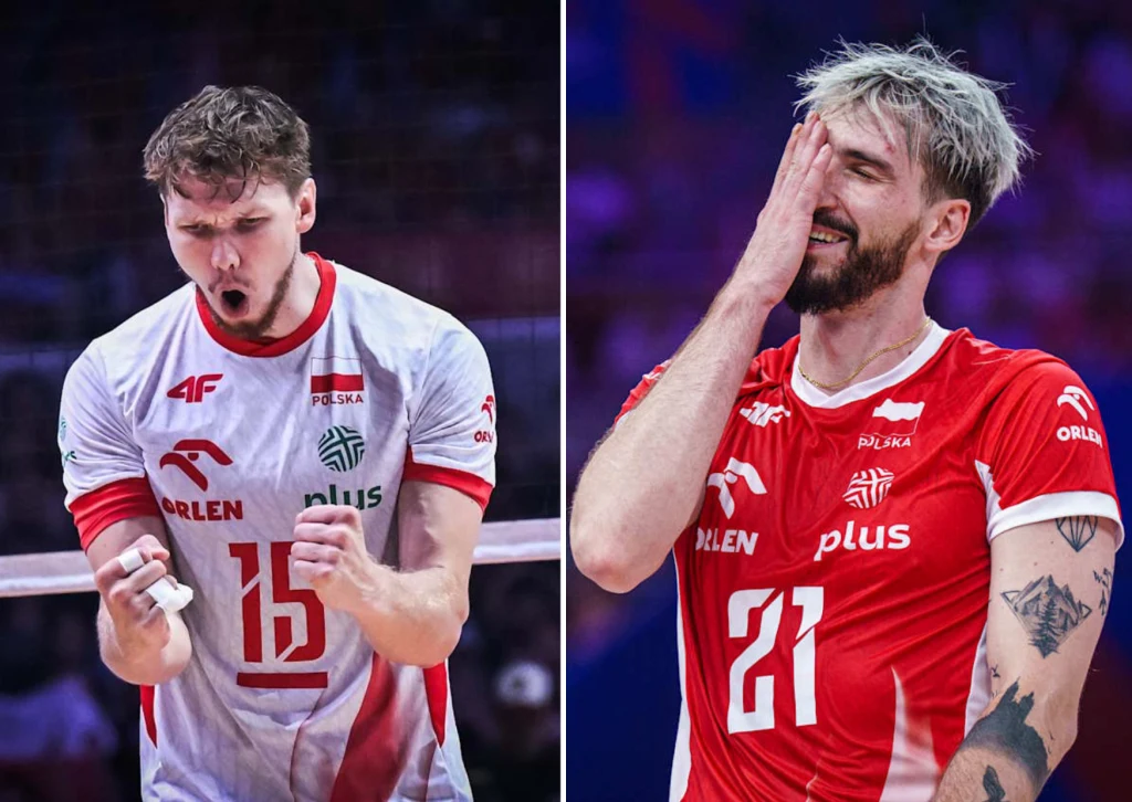 Jakub Kochanowski (L) i Tomasz Fornal (P) mają zagrać w jednym klubie Dwóch siatkarzy w biało-czerwonych strojach na boisku siatkarskim, jeden z nich wyraża radość, zaciskając pięści z uniesioną głową, drugi zasłania twarz ręką, wyrażając emocje, być może rozczarowanie.