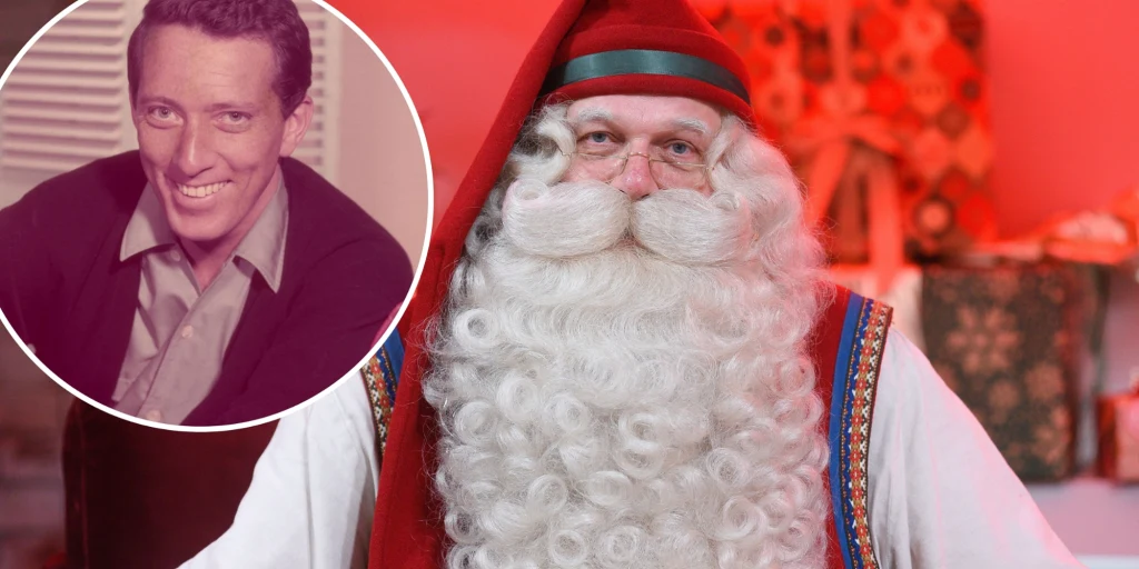 Koncert "Christmas Party - świąteczna lista przebojów" 6 grudnia o 19:55 w Polsacie Mężczyzna w stroju świętego Mikołaja z długą, białą brodą i czerwonym nakryciem głowy patrzy wprost w obiektyw, a w okrągłym wstawieniu widoczna jest twarz uśmiechniętego mężczyzny w marynarce i koszuli.