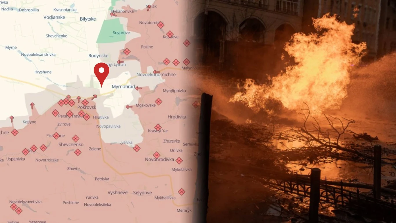 Ukraińcy dementują doniesienia Rosjan w sprawie Pokrowska i Myrnohradu Połączony obraz mapy sytuacyjnej z zaznaczonymi punktami wokół miasta oraz scena dużego pożaru nocą z wysokimi płomieniami bijącymi od płonącego budynku lub instalacji.