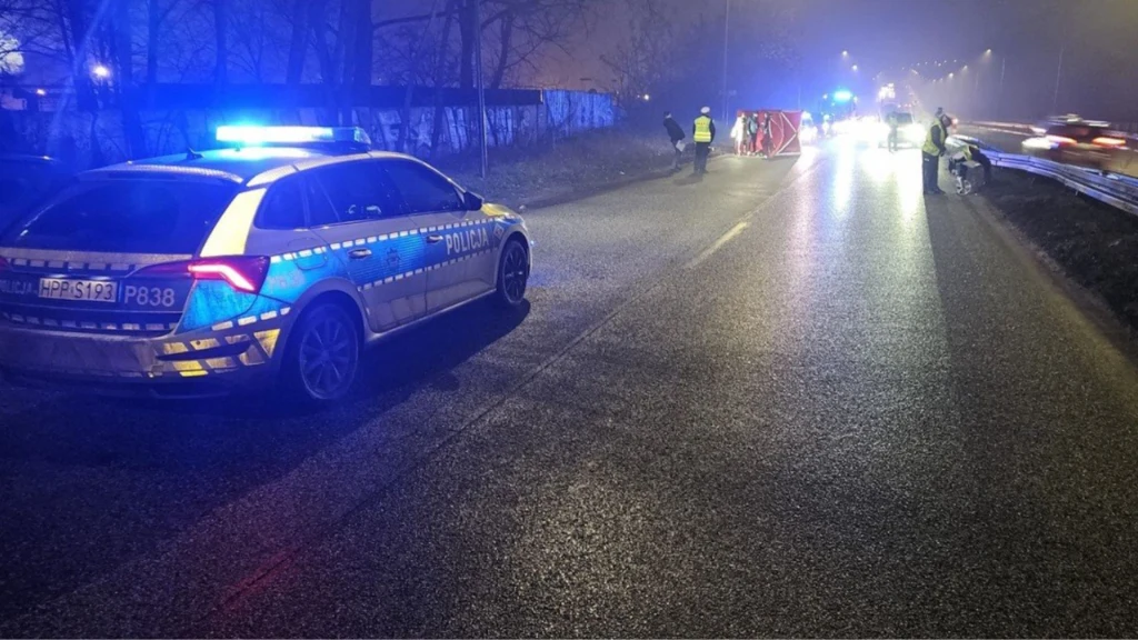 Sosnowiec. Ciało kobiety leżało na drodze. Policja apeluje o pomoc Oświetlona policyjna radiowóz z włączonymi sygnałami świetlnymi stoi na mokrej jezdni, kilku funkcjonariuszy pracuje na miejscu zdarzenia drogowego, dalsza część drogi jest zabezpieczona przez służby, w tle widoczne światła innych pojazdów.