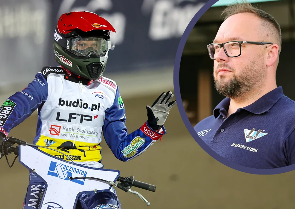 Janusz Kołodziej żegna Sławomira Kryjoma, który zrezygnował z funkcji dyrektora zarządzającego Unii Leszno Zawodnik żużlowy w pełnym stroju ochronnym, kasku i na motocyklu podczas wyścigu, po lewej stronie ujęcia. Po prawej stronie zdjęcia portret mężczyzny w okularach i klubowej koszulce, prawdopodobnie będącego członkiem sztabu lub osobą zarządzającą zesp...