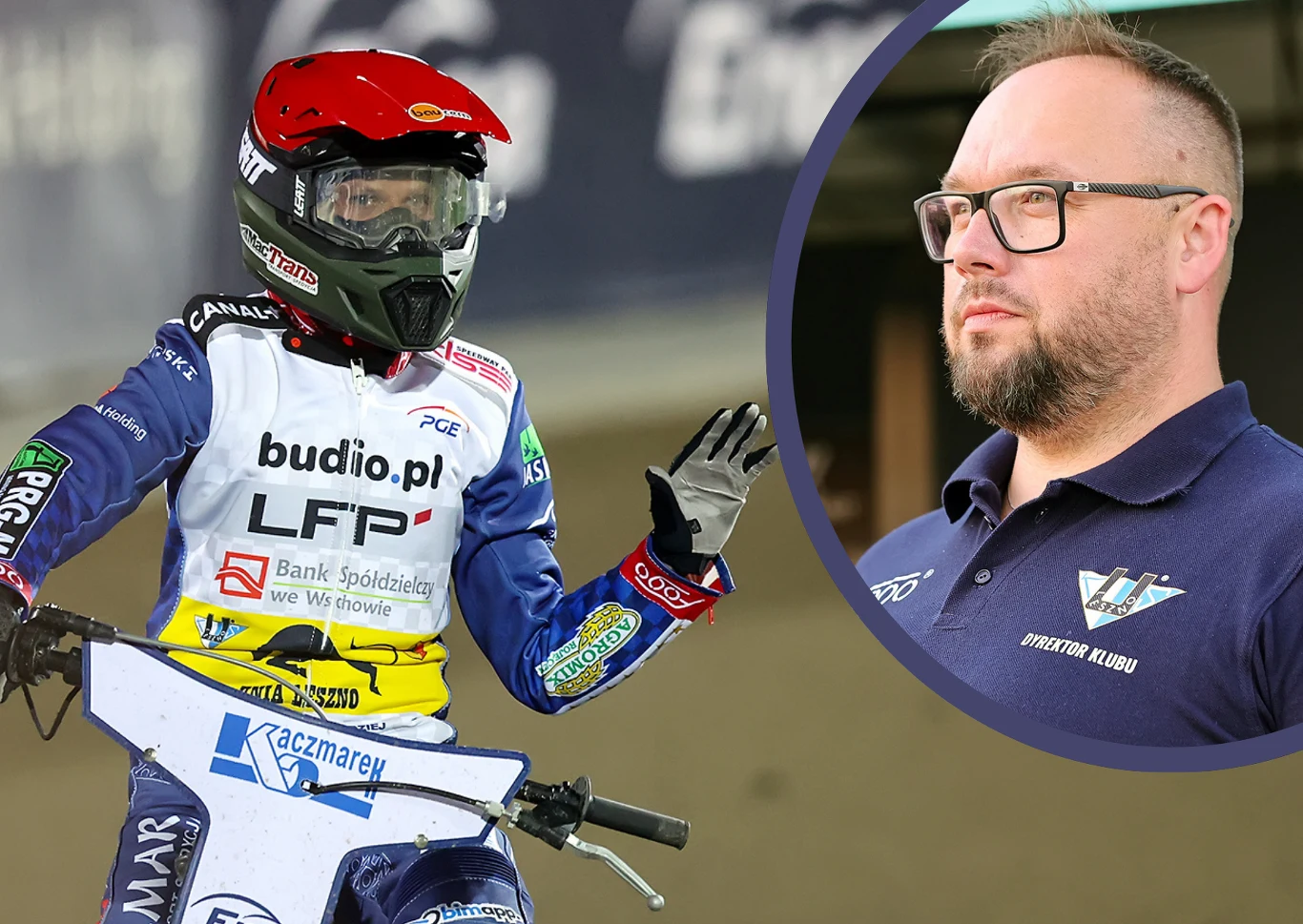 Janusz Kołodziej żegna Sławomira Kryjoma, który zrezygnował z funkcji dyrektora zarządzającego Unii Leszno Zawodnik żużlowy w pełnym stroju ochronnym, kasku i na motocyklu podczas wyścigu, po lewej stronie ujęcia. Po prawej stronie zdjęcia portret mężczyzny w okularach i klubowej koszulce, prawdopodobnie będącego członkiem sztabu lub osobą zarządzającą zesp...