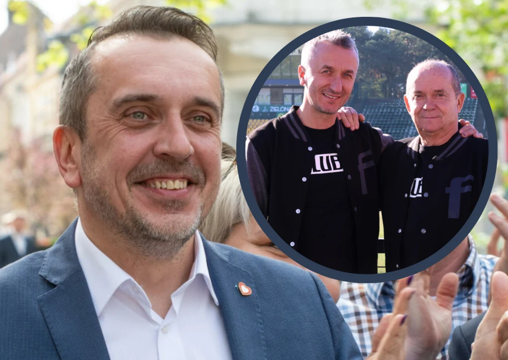 Prezydent Zielonej Góry za chwilę może odtrąbić wielki sukces. Budowa minitoru dla Stelmetu Falubazu Zielona Góra byłaby ogromnym wydarzeniem Mężczyzna w garniturze z uśmiechem na twarzy stoi na zewnątrz wśród innych osób, a w okrągłym kadrze widoczni są dwaj mężczyźni w czarnych kurtkach z napisem klub, obejmujący się na tle stadionu.